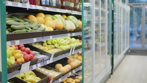 Fresh Fruit and Vegetables on Shelves in Grocery Store