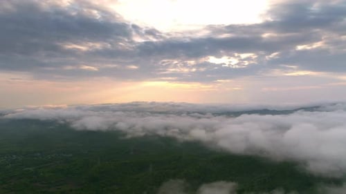 Aerial View Beautiful morning landscape with fog and mist,