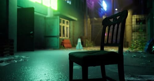Mysterious Abandoned Alley with a Solitary Chair Illuminated By Neon Lights