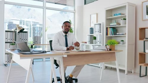 Face of business black man at office desk for administration, office management
