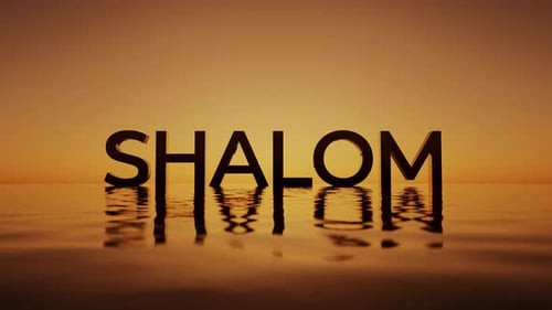 Shalom 3D Text Reflecting in Water at Sunset