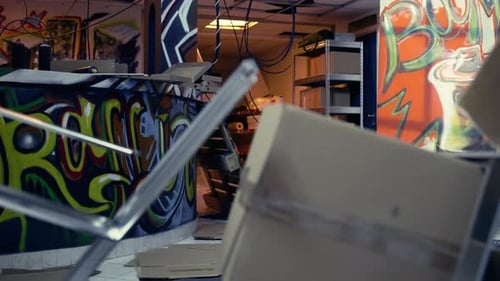 Panning Shot of Trashed Abandoned Building with Graffiti Drawings
