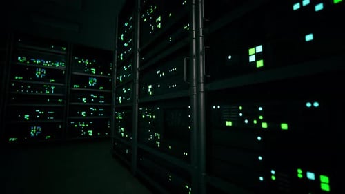 Network Server Room with Servers Running Processes
