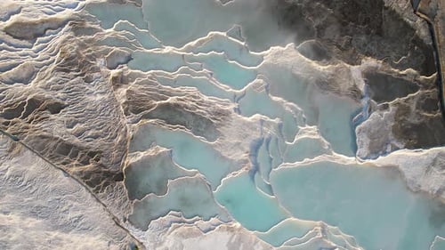 Birds Eye Aerial View of Pamukkale, White Travertine Formations From Calcium Carbonated Hot Springs