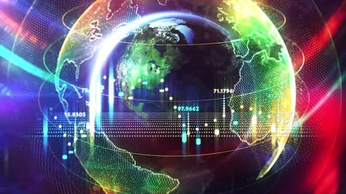 Global Business and Finance Showing World Map with Glowing Lines and Numbers