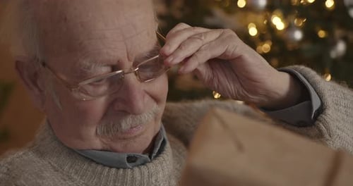 Senior Man with Gift Near a Christmas Tree