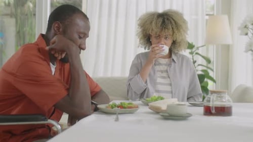 Couple Dining Together, Having Salad and Tea