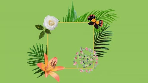 Animation of foliage, butterfly, heart and flowers framing square copy space on light green
