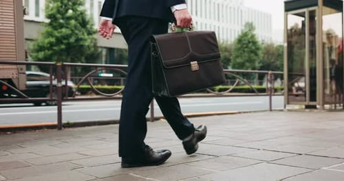 Business man, legs and walking in city for commute, professional and work with briefcase