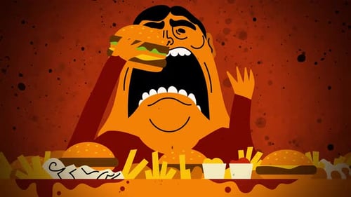 man with big mouth compulsively devouring junk food