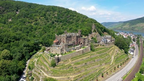 Reichenstein Castle with Clemenskapelle, Trechtingshausen on the Rhine river. Middle Rhine Valley, R