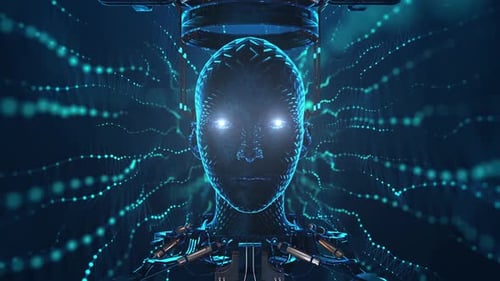 Futuristic AI Robot Head with Digital Neural Network Background
