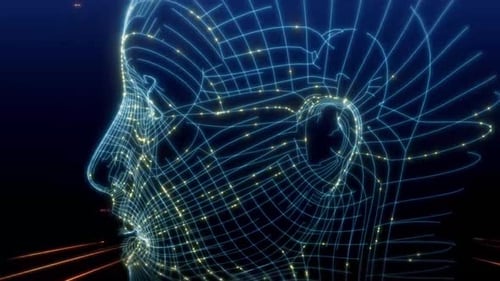 Futuristic Digital Wireframe Human Head with Glowing Data