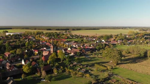 Small European village in German countryside, summer aerial view