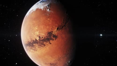 Red mars Planet Surface View from Space — Realistic Mars Landscape with Cosmic Background