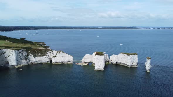 Aerial Pullback Reveal Old Harry Rocks Sea Stack Formation Poole Bay ...