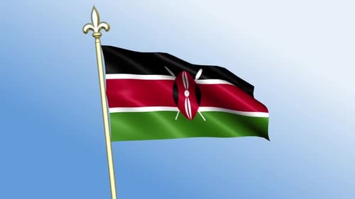 Realistic Kenya Flag Waving on Flagpole Against Blue Sky