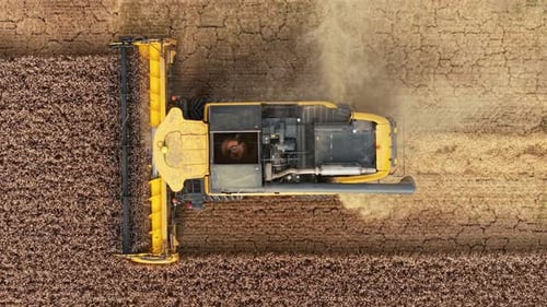 Combine Harvester Working in a Rural Field Aerial Shot