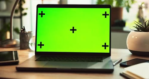Laptop, home office and green screen with tracking markers, mockup and branding as ux