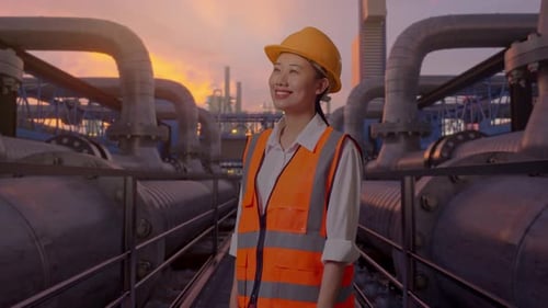 Side View Of Asian Female Engineer Looking Around, Industrial Pipeline