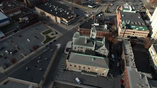 Drone Aerial View of City Hall Grand Hotel Building From 19th Century, Landmark of Williamsport, Pen