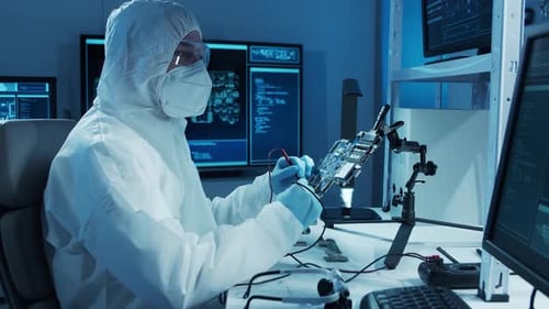 Microelectronics Engineer Works in a Modern Scientific Laboratory on Computing Systems and