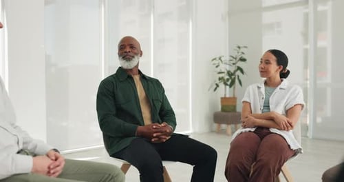 Black man, psychology or counselling meeting in circle for wellness with mental health