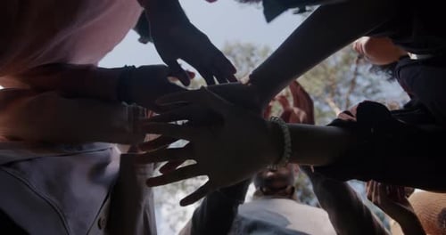 Low Angle View of Young People Friends Joining Hands Expressing Unity Outdoors in Park
