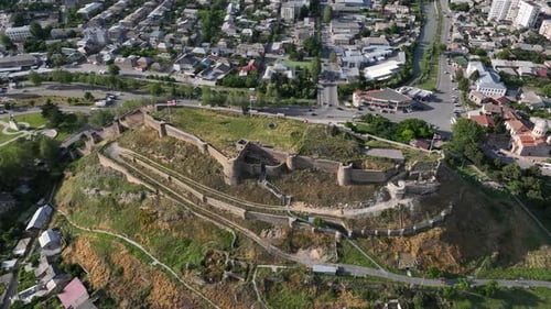 GORI, GEORGIA - June 20 2023: Aerial view of Gori Fortress. Ruins of the medieval fortress of Gori
