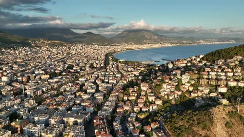 Colorful Panorama Over the City Aerial View 4 K Alanya Turkey