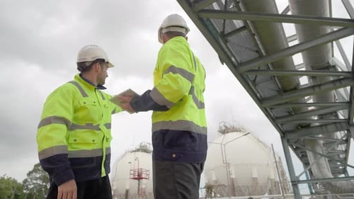 Inspection de sécurité du réseau de canalisations industrielles par un travailleur en équipement de sécurité brillant par temps ensoleillé