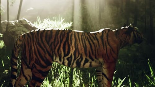 Un énorme tigre du Bengale traquant sa proie dans une bambouseraie éclairée par la lumière du soleil