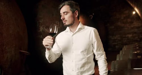 Young Adult Man Tasting Wine in Wine Cellar