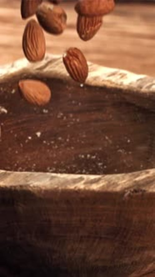 Almond Drops Wooden Bowl Filmed on a Highspeed Camera at 1000 Fps