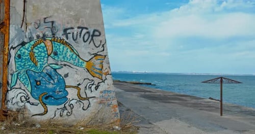 a beautiful graffitti of a fish on an old building close to the shore of the black sea, in odessa. a