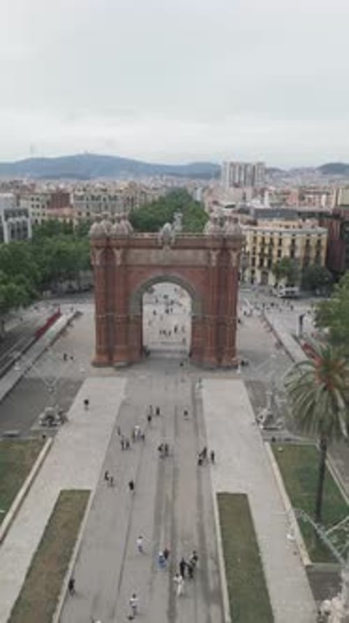 Aerial view of Arc de Triomf with Promenade Passeig de Lluís Companys in Barcelona Spain
