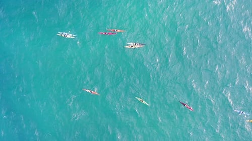 Group of Kayaks at calm water, Top down aerial view