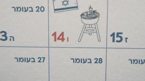 A tilt up smooth and slow shot of a Jewesh calendar, Israeli independence day, bbq drawings, month a