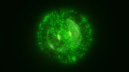Abstract green energy glowing digital sphere atom made of iridescent energy