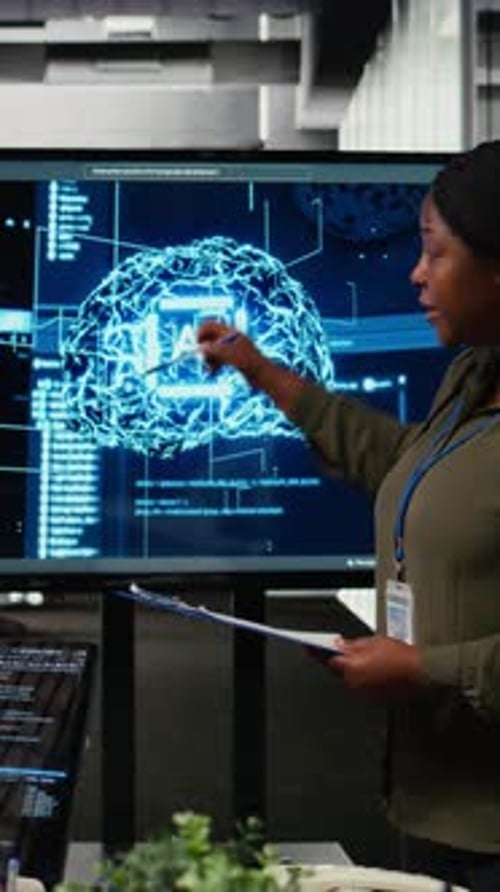 Woman Presenting AI Brain Diagram to Colleague