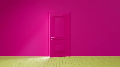 Pink door opening on white light, revealing bright future