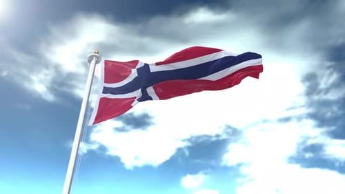 Norway Flag Waving with Clouds and Sunlight in Blue Sky