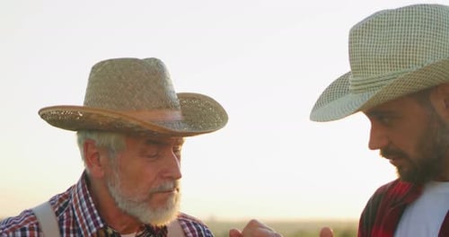 Portrait View of the Two Farmer Engineers Wearing Hat Examining Plants and Controlling Water System