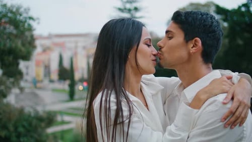 Closeup Romantic Pair Cuddling At Street. Sensual Cute Man Woman Looking Each Other With Tenderne...