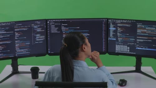 Asian Woman Thinking About Something While Write Code With Multiple Computer Screens In Green Screen