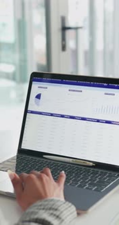 Hands, business woman or laptop screen with data for finance metrics, market trends or forecasting