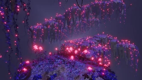 Flug durch schwimmende Inseln mit leuchtenden Blumen Seamless Loop 3D-Animation
