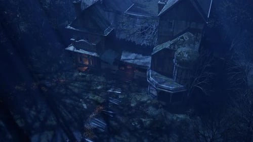 Creepy Haunted House In Foggy Forest: Spooky Cinematic Drone Shot On A Halloween Horror Night