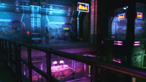 Neon Lit Arcade with Vibrant Lights and Futuristic Decor in Urban Setting