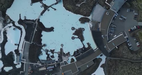 aerial view of blue lagoon geothermal hot baths in iceland